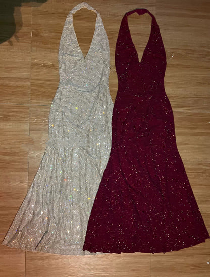 Neckholder V-Ausschnitt Perlen Abendkleid Meerjungfrau Glitzer Ballkleid J6613