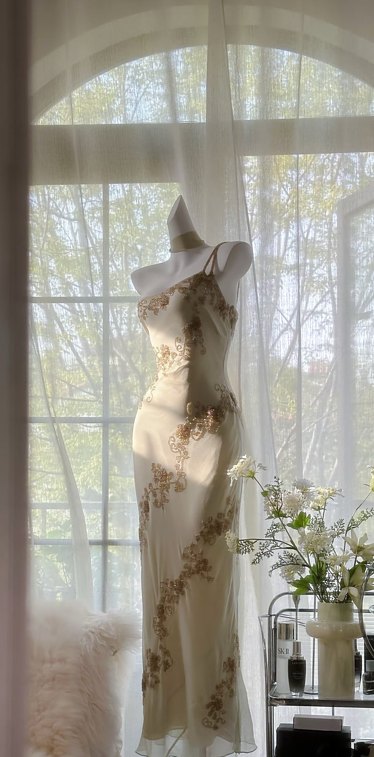 Sheath Beige Vintage Dress Chiffon Beaded Prom Dress J6615