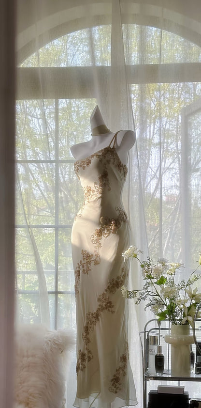 Sheath Beige Vintage Dress Chiffon Beaded Prom Dress J6615