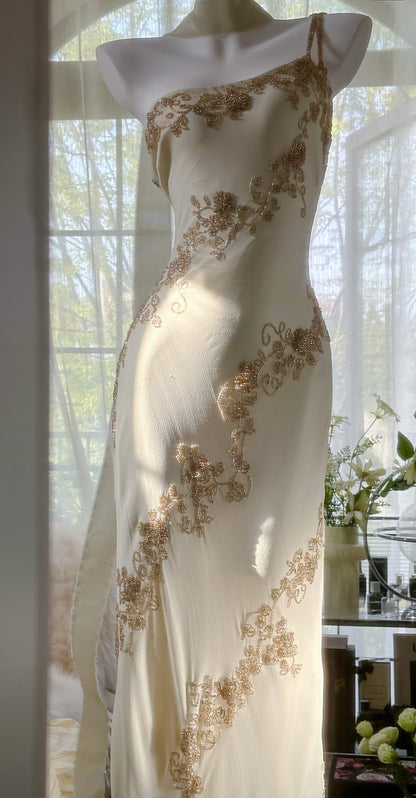 Sheath Beige Vintage Dress Chiffon Beaded Prom Dress J6615