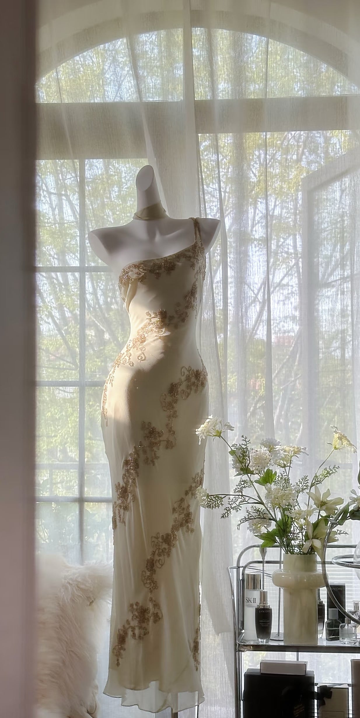 Sheath Beige Vintage Dress Chiffon Beaded Prom Dress J6615