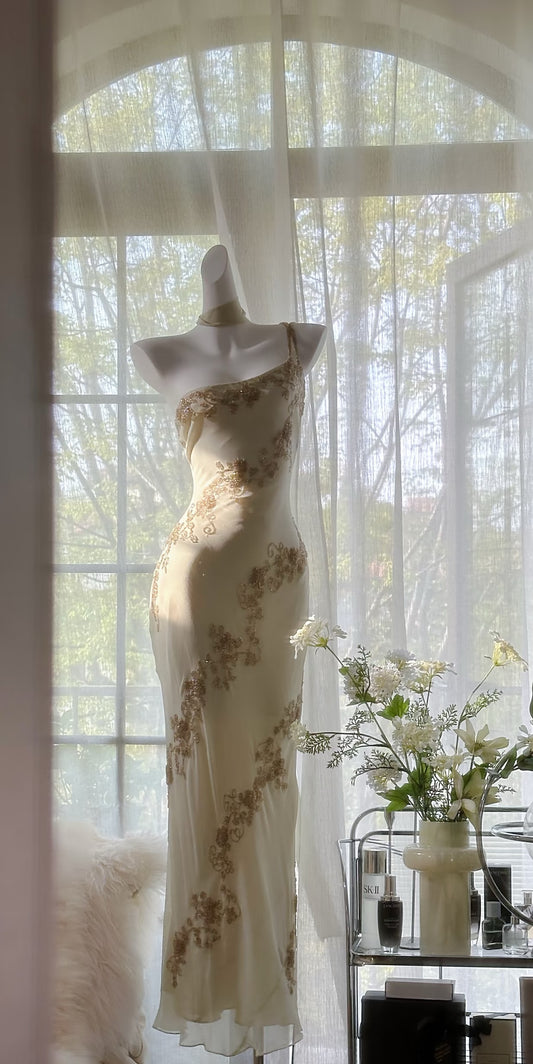 Sheath Beige Vintage Dress Chiffon Beaded Prom Dress J6615