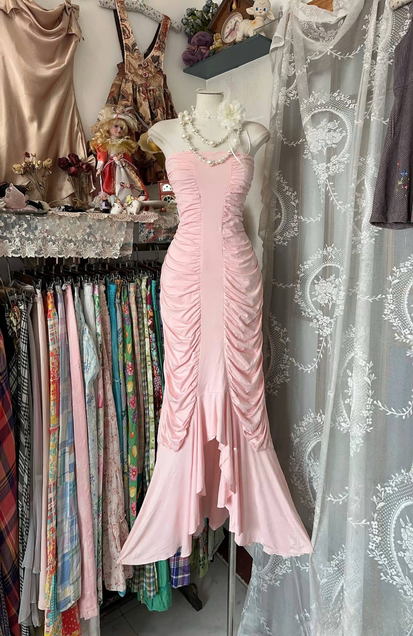 Strapless Mermaid Pink Prom Dress Ruffle Formal Dress J6619