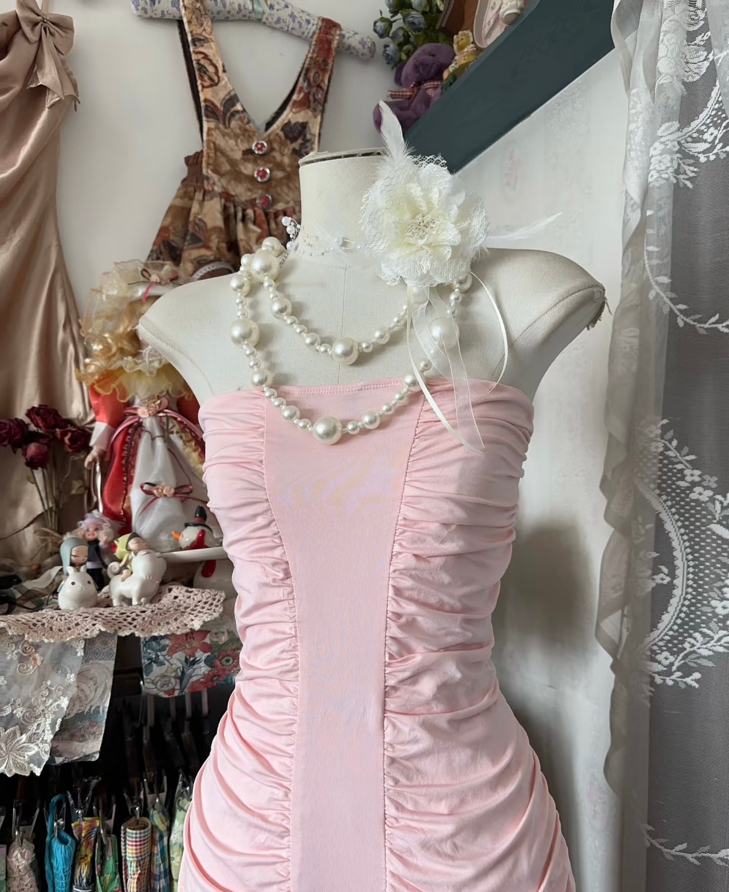 Strapless Mermaid Pink Prom Dress Ruffle Formal Dress J6619