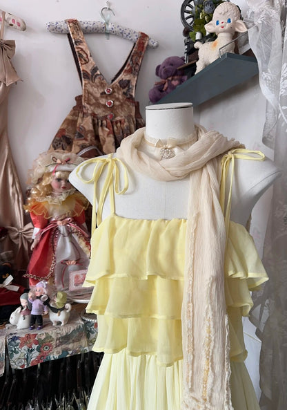 Robe de bal trapèze jaune à volants en mousseline de soie, tenue d'été J6624