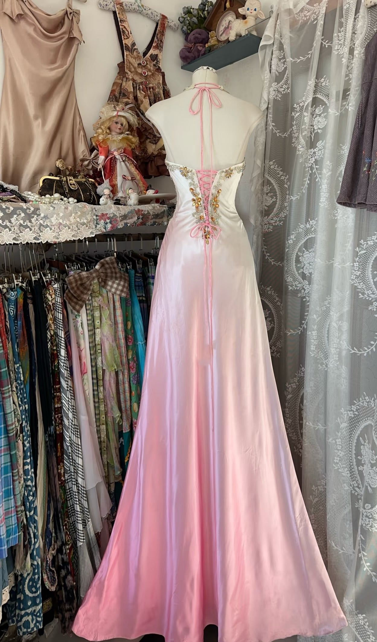 A Line Gradient Pink Prom Dress Satin Beaded Vintage Dress With Slit J6626