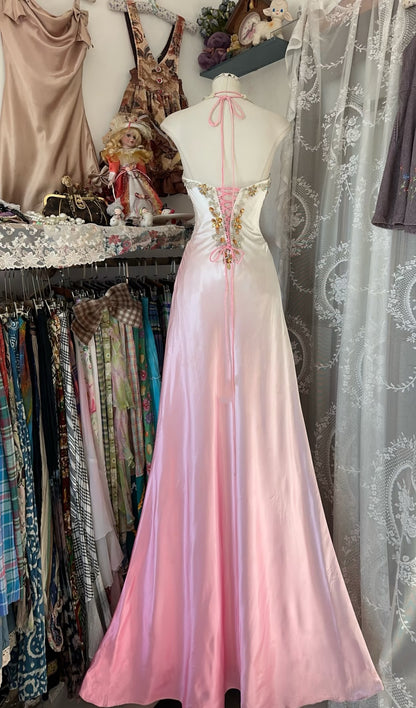A Line Gradient Pink Prom Dress Satin Beaded Vintage Dress With Slit J6626