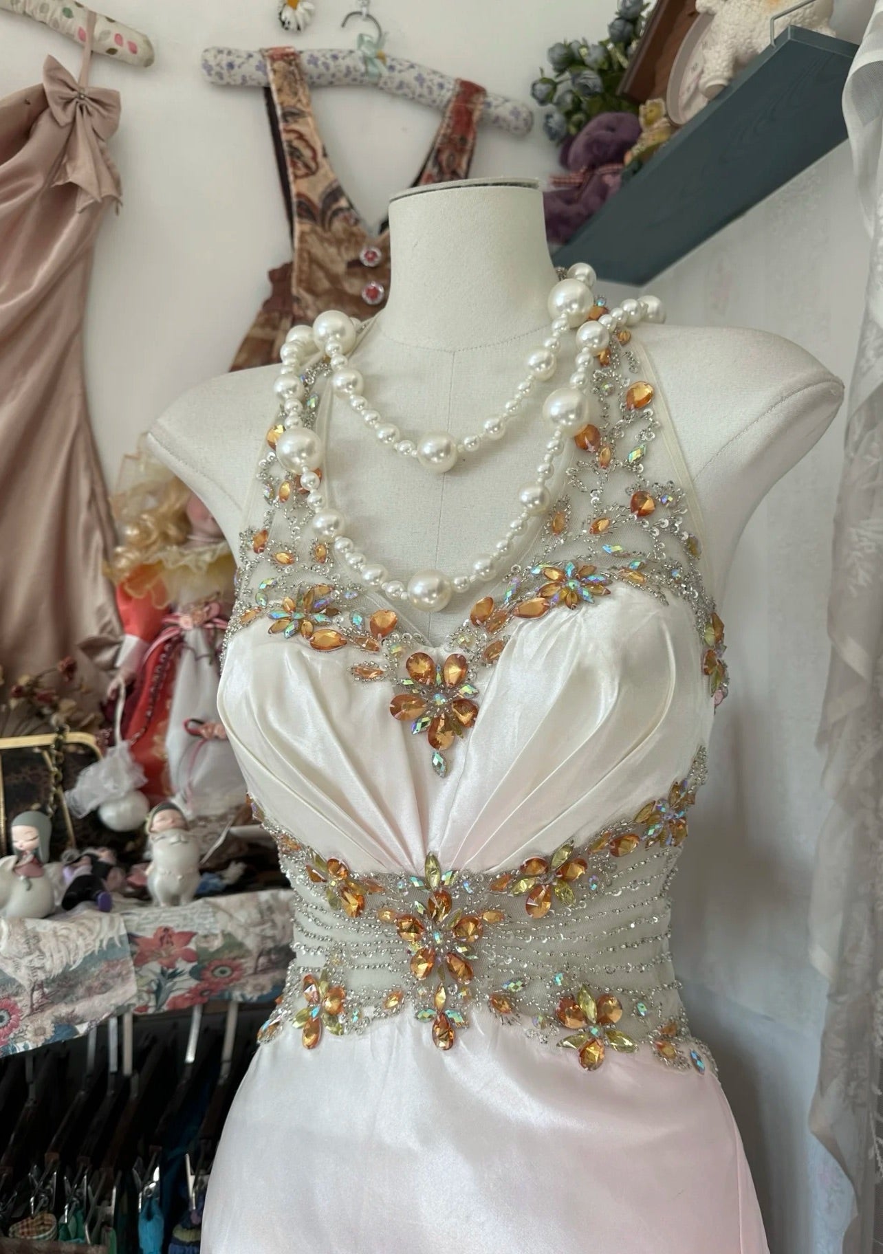 A Line Gradient Pink Prom Dress Satin Beaded Vintage Dress With Slit J6626