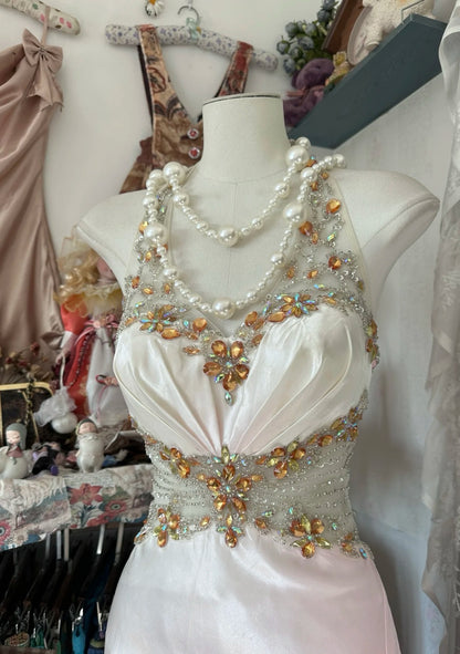 A Line Gradient Pink Prom Dress Satin Beaded Vintage Dress With Slit J6626