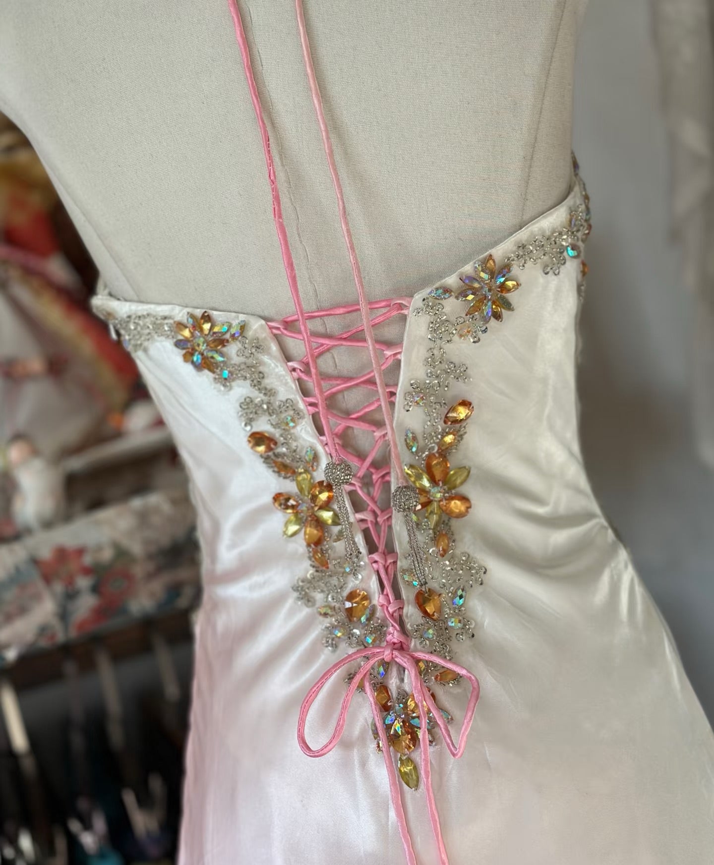 A Line Gradient Pink Prom Dress Satin Beaded Vintage Dress With Slit J6626