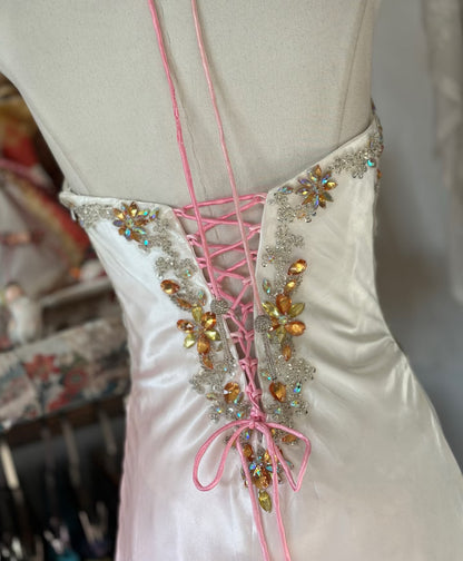 A Line Gradient Pink Prom Dress Satin Beaded Vintage Dress With Slit J6626