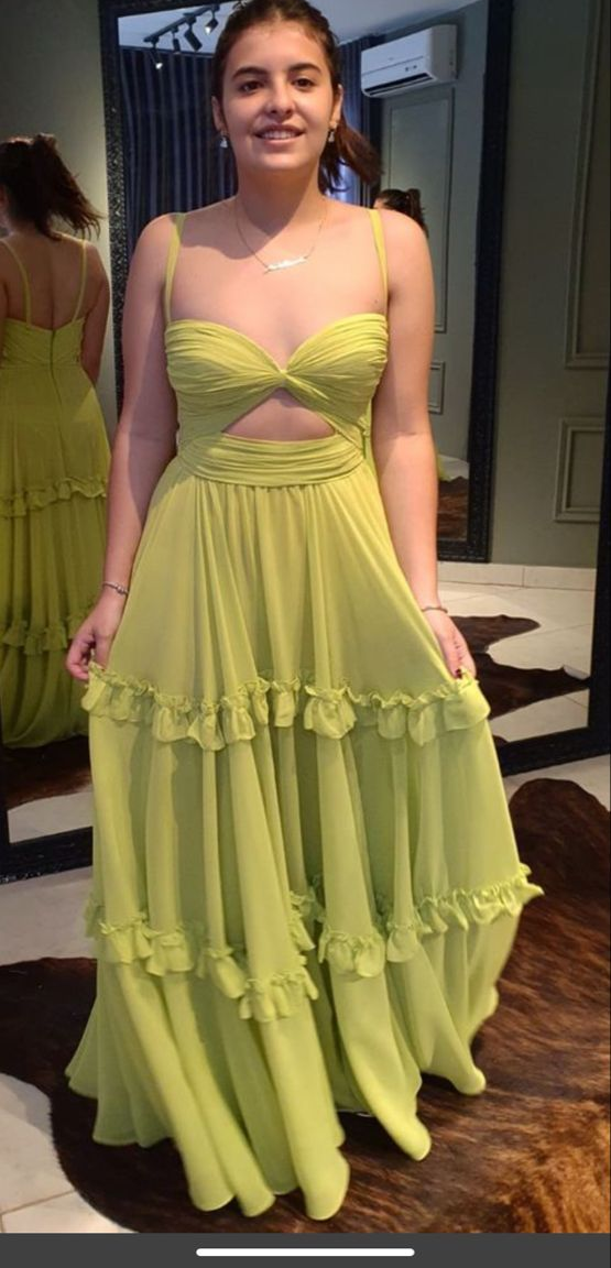 Robe de mariée trapèze verte à volants en mousseline de soie J6627