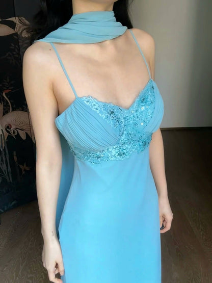 Robe de bal sirène en mousseline de soie bleue, robe d'invitée de mariage J6634