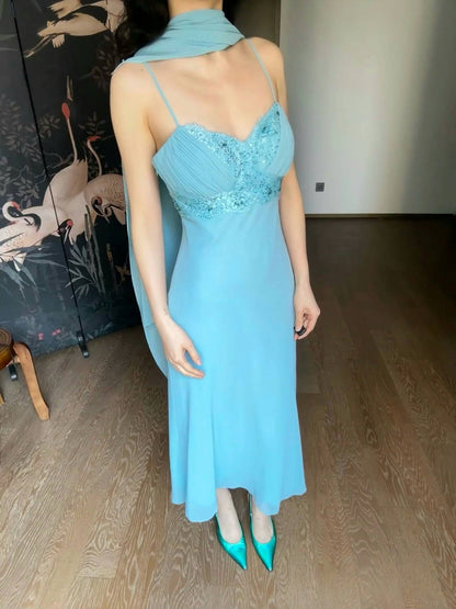 Robe de bal sirène en mousseline de soie bleue, robe d'invitée de mariage J6634