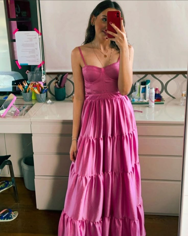 Robe de bal trapèze rose en satin, robe d'invitée de mariage J6629