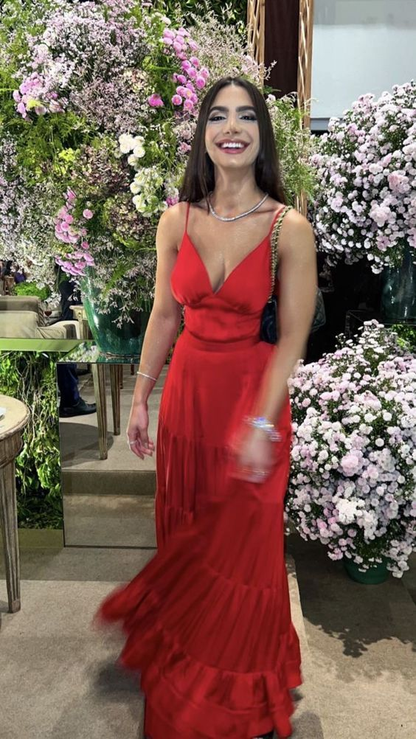 Robe de soirée formelle en satin rouge coupe A pour invité de mariage J6630