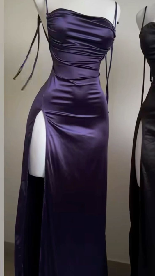 Spaghetti Straps Purple Slit Prom Dress Sheath Evening Dress J6635