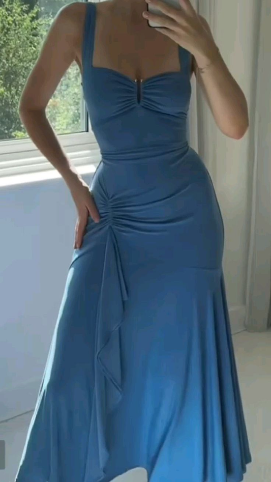 Blaues Meerjungfrau-Abschlussballkleid mit Rüschen, formelles Partykleid J6638