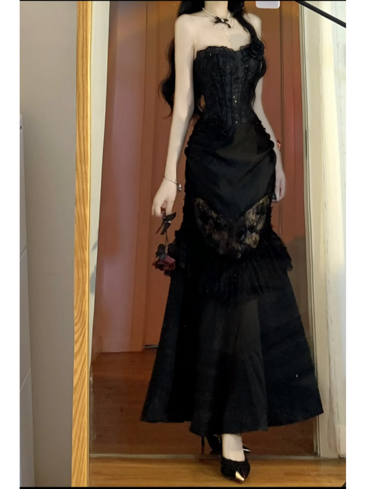 Schwarzes Meerjungfrau-Spitzen-Ballkleid, Abendkleid, Partykleid J6650