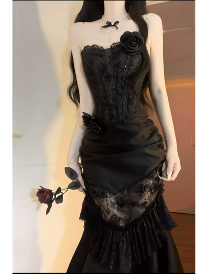 Schwarzes Meerjungfrau-Spitzen-Ballkleid, Abendkleid, Partykleid J6650
