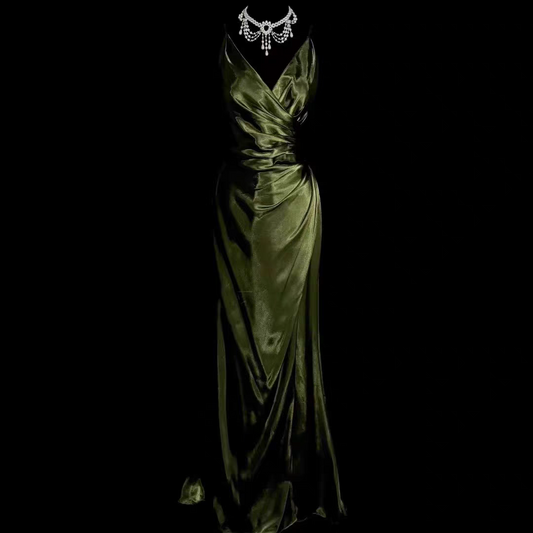 V Neck Green Satin Evening Dress Formal Prom Dress J6655