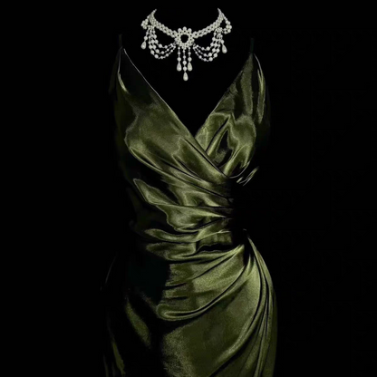 Robe de soirée en satin vert à col en V, robe de bal formelle J6655