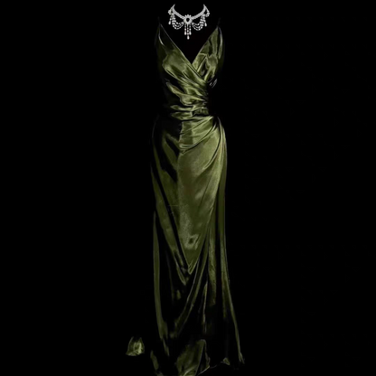 Robe de soirée en satin vert à col en V, robe de bal formelle J6655