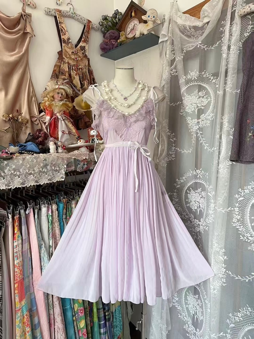 Robe d'été courte en mousseline de soie couleur lavande, coupe trapèze, J6656