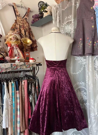 Neckholder A-Linie Fuchsia Abendkleid Samt Ballkleid J6659