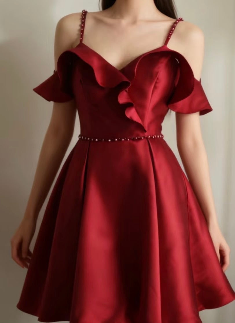 A Line Red Short Birthday Dress Satin Homecoming Dress J8881