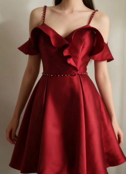 A Line Red Short Birthday Dress Satin Homecoming Dress J8881