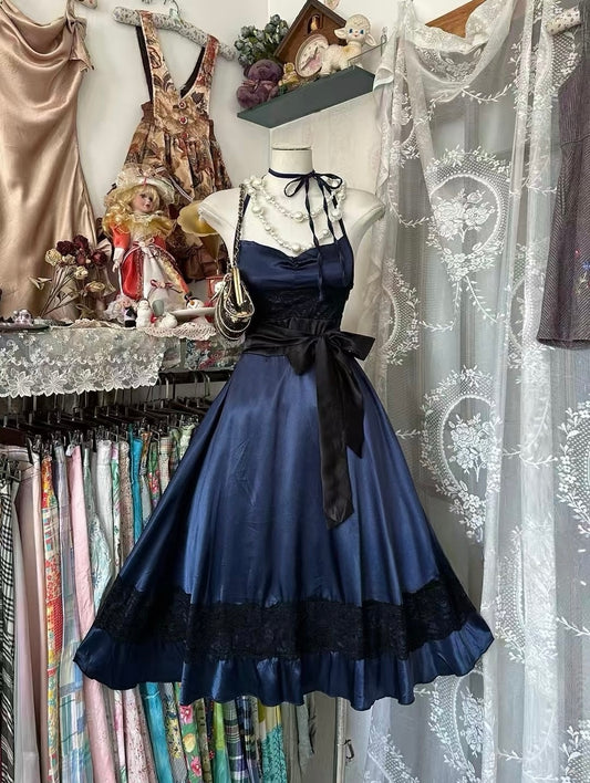 Navy Blue A Line Formal Dress With Lace Satin Homecoming Dress J6661