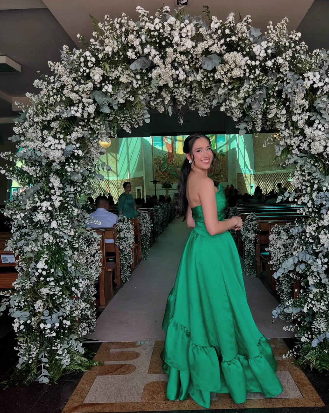 Robe de bal bustier coupe trapèze verte à volants en satin, robe d'invitée de mariage J7815