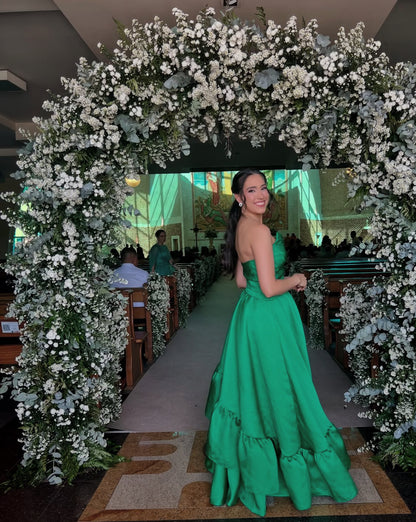 Robe de bal bustier coupe trapèze verte à volants en satin, robe d'invitée de mariage J7815