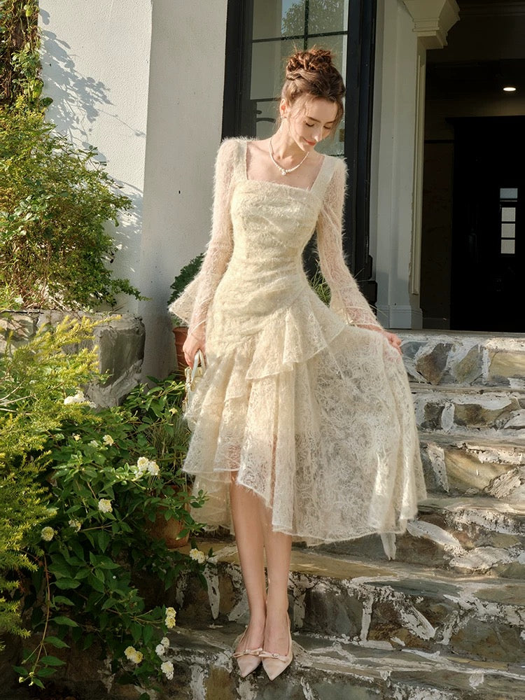 Long Sleeves Lace Ruffle Dress Formal Party Dress  L40