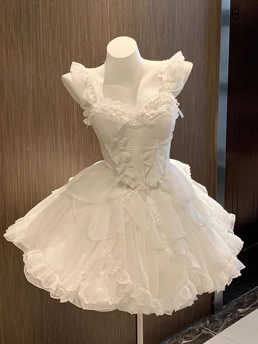 Süße weiße Chiffon kurze Cocktailkleider Geburtstag Outfits J7628