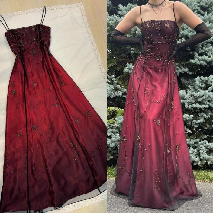 Spaghetti Straps Beaded Vintage Prom Dress A Line Evening Dress J6716