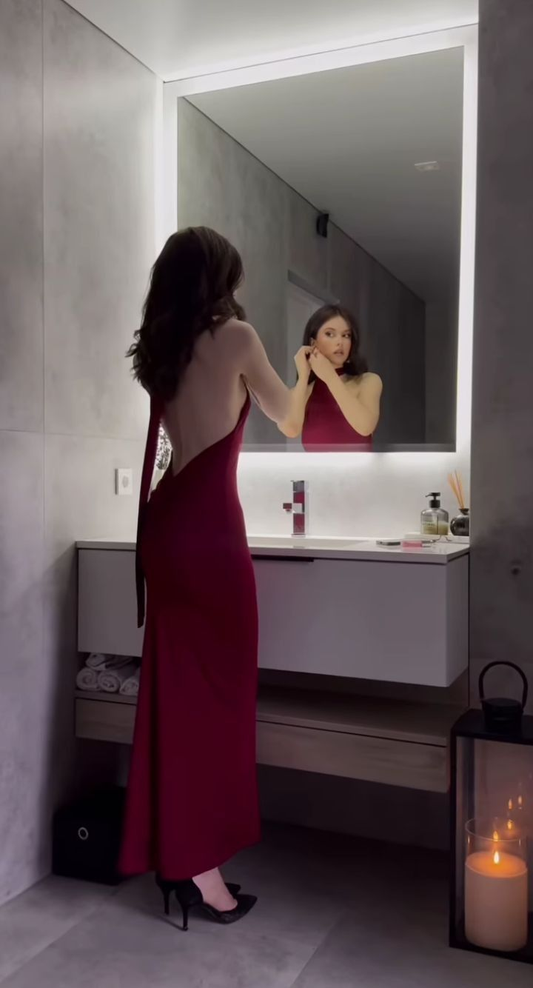 Sexy Meerjungfrau Neckholder Satin Burgunderrot Ballkleider Langes Partykleid J6718