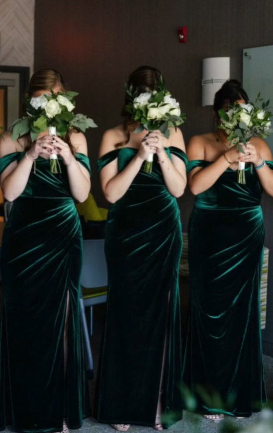 Robe de soirée longue en velours vert à épaules dénudées, robes de demoiselle d'honneur vertes J6721