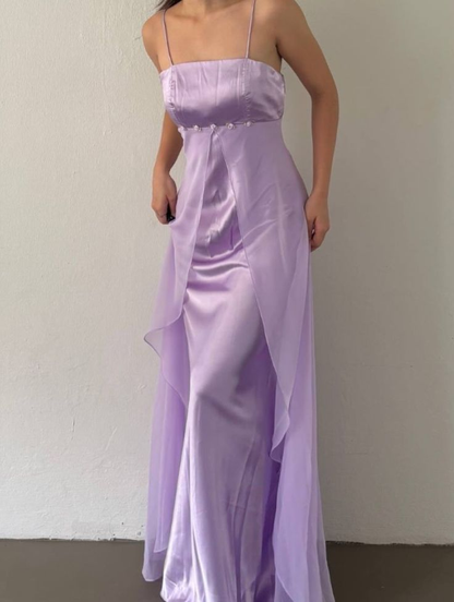 Spaghetti Straps Purple Vintage Dress A Line Ruffle Formal Dress J6722