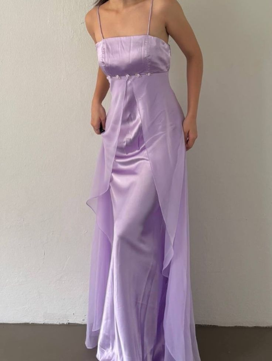 Spaghetti Straps Purple Vintage Dress A Line Ruffle Formal Dress J6722