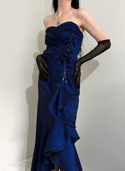 A Line Ruffle Navy Blue Satin Prom Dress Vintage Evening Dress J6723