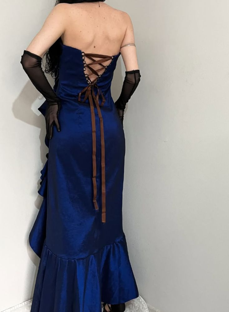 A Line Ruffle Navy Blue Satin Prom Dress Vintage Evening Dress J6723