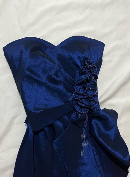 A Line Ruffle Navy Blue Satin Prom Dress Vintage Evening Dress J6723