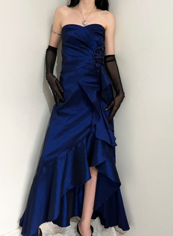 A Line Ruffle Navy Blue Satin Prom Dress Vintage Evening Dress J6723