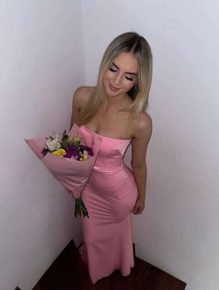 Robe de bal sirène bustier longue en satin rose, robe de demoiselle d'honneur J6724