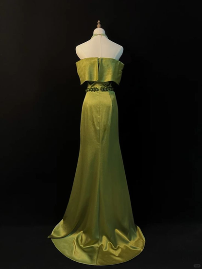 Grünes Satin-Ballkleid mit schulterfreiem Schlitz und Meerjungfrau-Abendkleid J6725