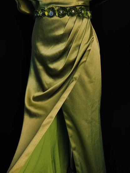 Grünes Satin-Ballkleid mit schulterfreiem Schlitz und Meerjungfrau-Abendkleid J6725