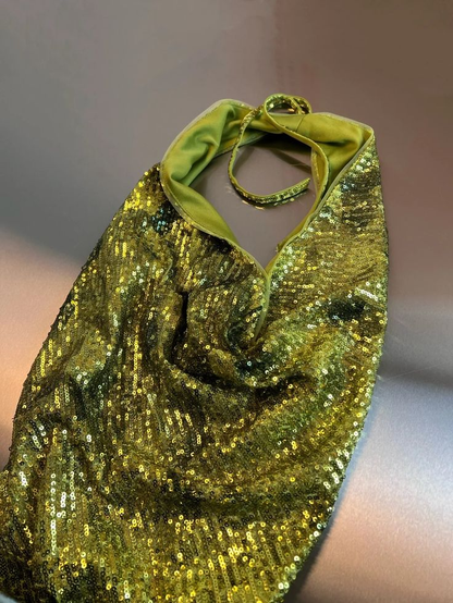 Robe de soirée longue sirène verte à paillettes et dos nu J6726