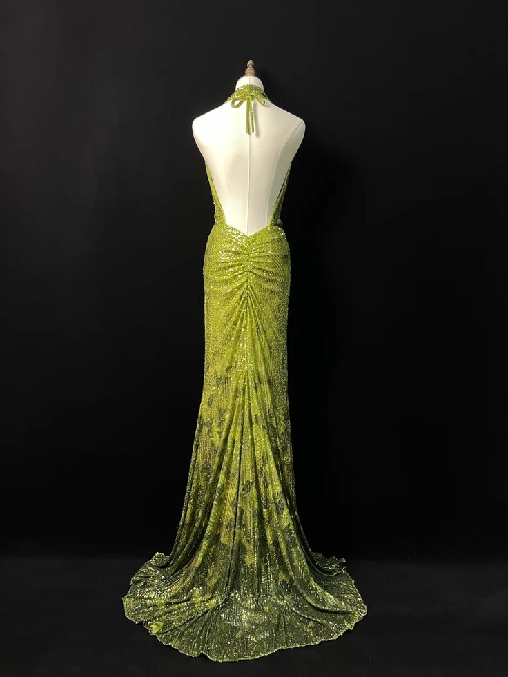Robe de soirée longue sirène verte à paillettes et dos nu J6726